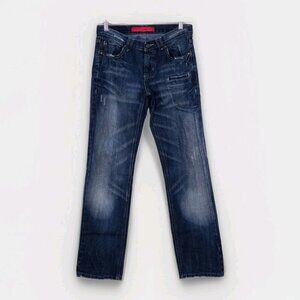 A Vintage HTM Hitomi Jean Mens 29x32 Blue Straigh Leg Japan Distressed Wiskering